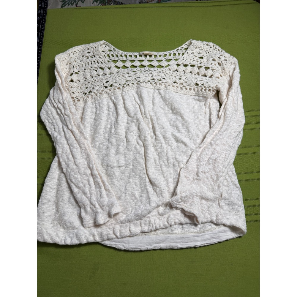 Meadow Rue Anthropologie Ivory‎ Crochet Yoke Textured Long Sleeve Top Small